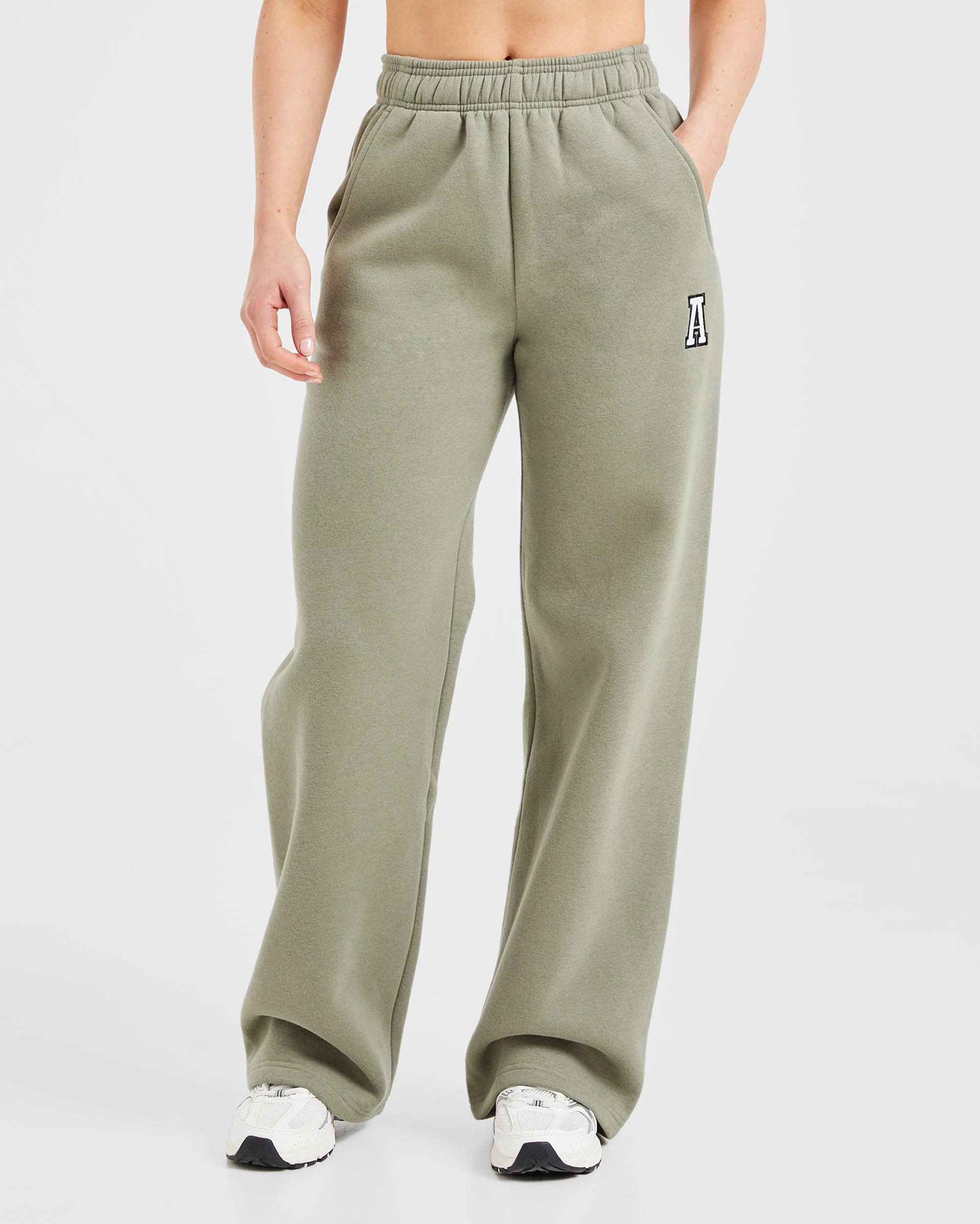 Varsity Embroidered Oversized Straight Leg Joggers - Muted Olive